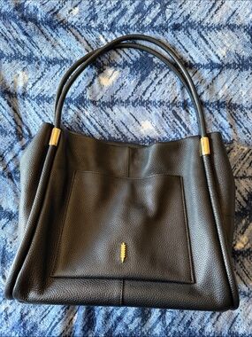 Black Pebbled Leather Shoulder Bag with Gold Hardware